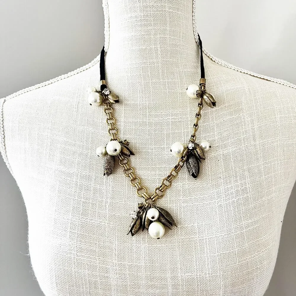J. Crew Faux Pearl & Brass Flower Buds Ribbon Necklace